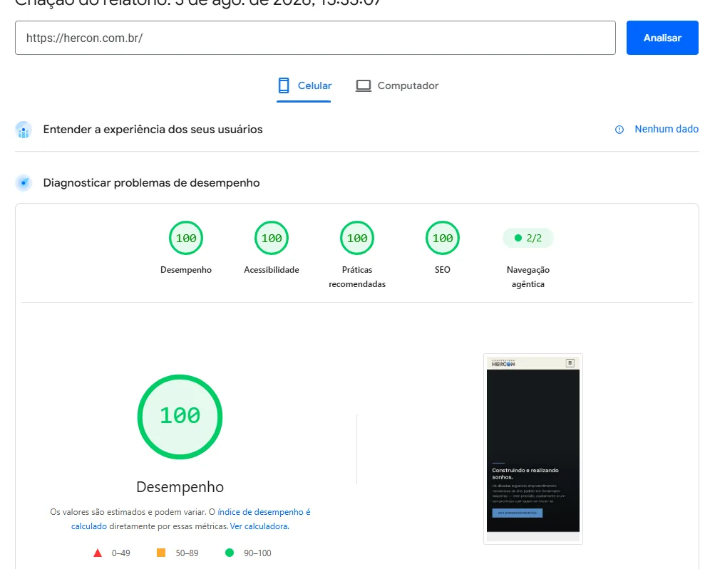 Relatório do PageSpeed Insights do site Hercon com nota 100 em Performance, Acessibilidade, Práticas Recomendadas e SEO